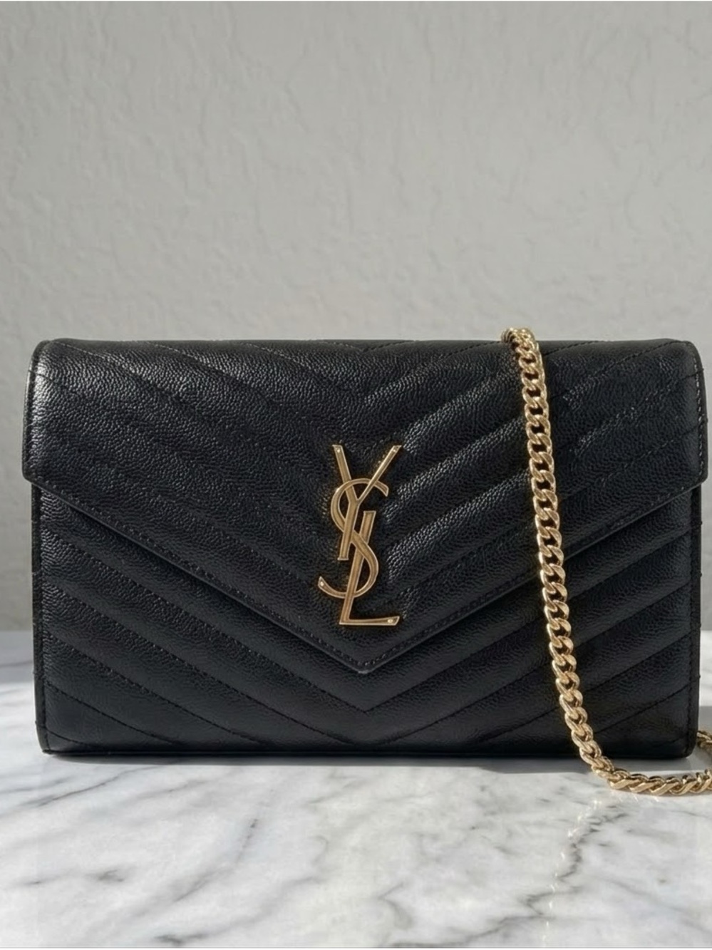 Saint Laurent Black Chevron Quilted Crossbody with Gold YSL Chain